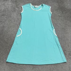 Lesley Evers A-Line Shift Dress Women Large Blue White Sleeveless Pockets Casual